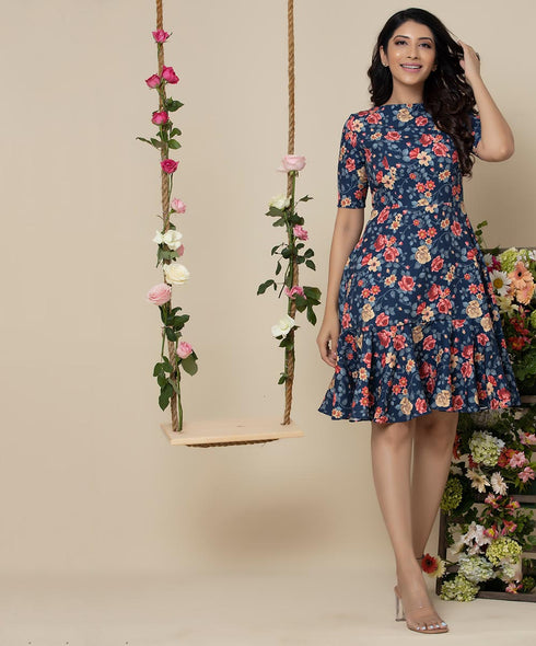 Half Sleeve Hem Paneled Flared Dress